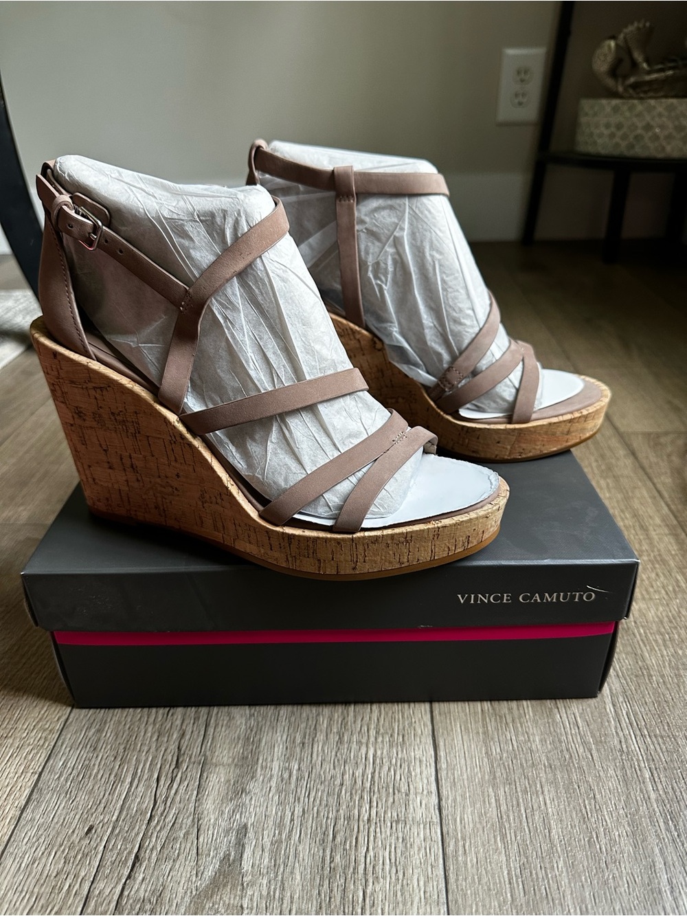 Vince Camuto Strappy Cork Wedge Sandals in Taupe